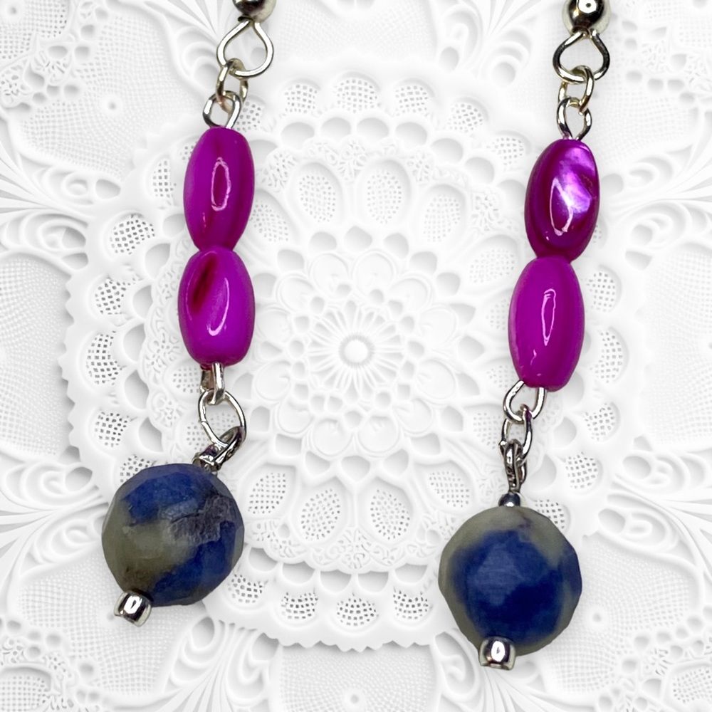 HAND CRAFTED Earrings Fuchsia Mother of Pearl & Sodalite Pink Dangles - Picture 2 of 7